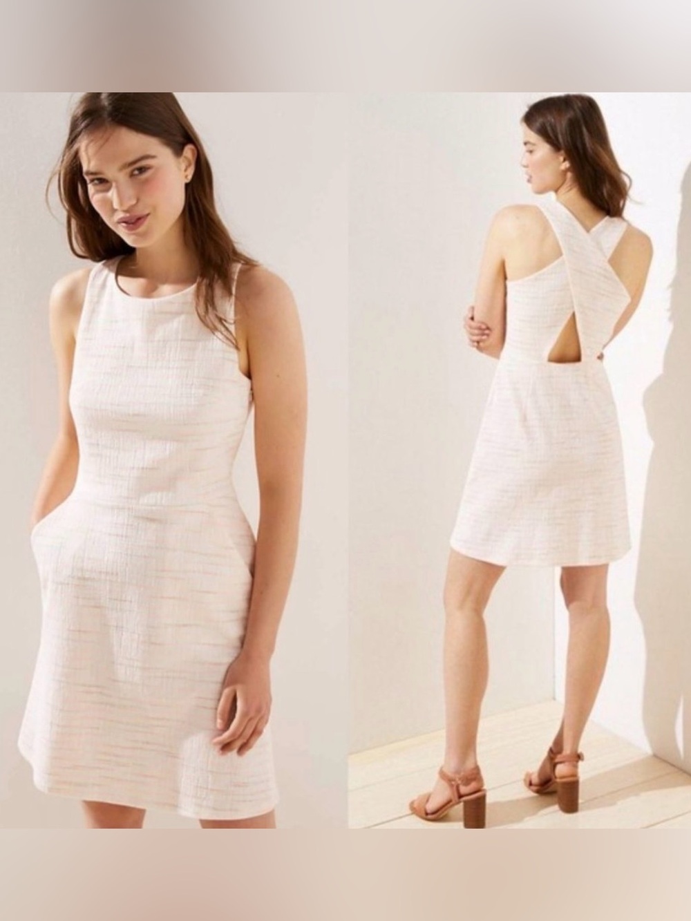 NWT LOFT Pink White Criss Cross Back Round Neck Side Zip Casual Sundress Size 16
